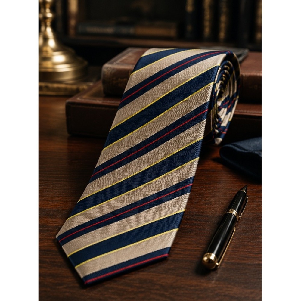 Vintage Tom James Royal Classic Silk Repp Stripe Tie Navy Tan USA Handmade - Picture 6 of 6